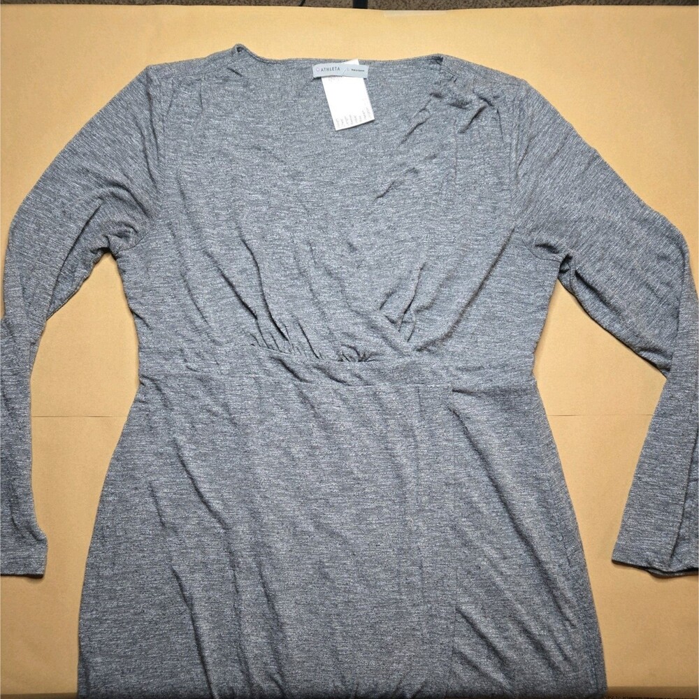 Athleta Wrap It Up Dress long sleeve faux wrap v-neck heathered gray Large